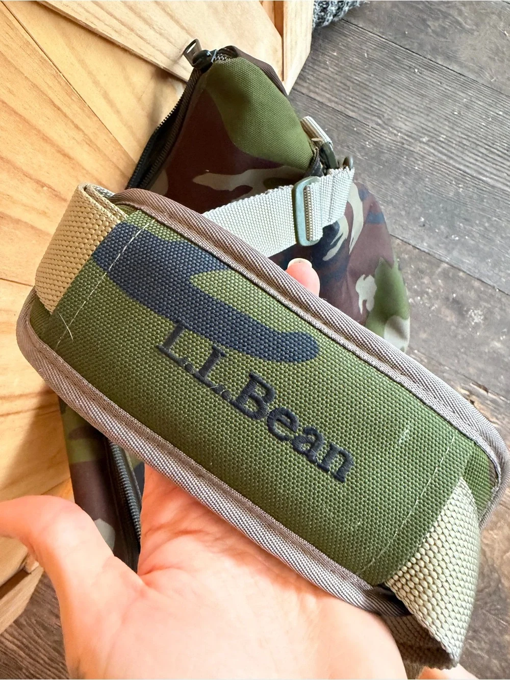 L.L. Bean Camouflage Green Brown Canvas Duffel with Shoulder Strap
